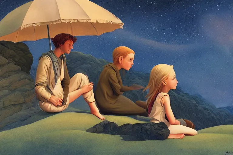 Prompt: beautiful painting of friends, beautiful faces, sitting on the edge, cute, soft light, digital painting by ralph mcquarrie and benoit b mandelbrot and franklin booth