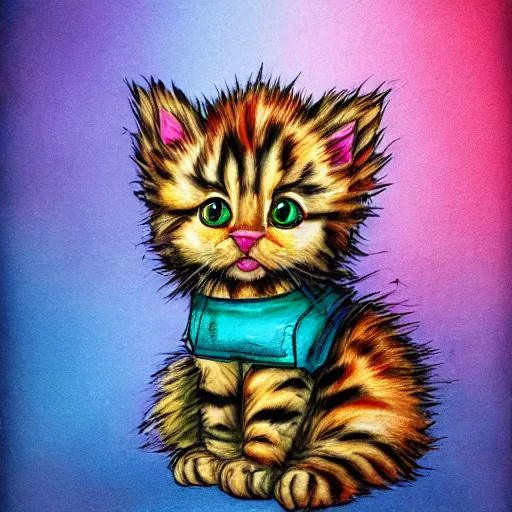 Image similar to wide angle full body, of a fluffy cute rainbow kitten wearing a black leather motorcycle jacket, concept art