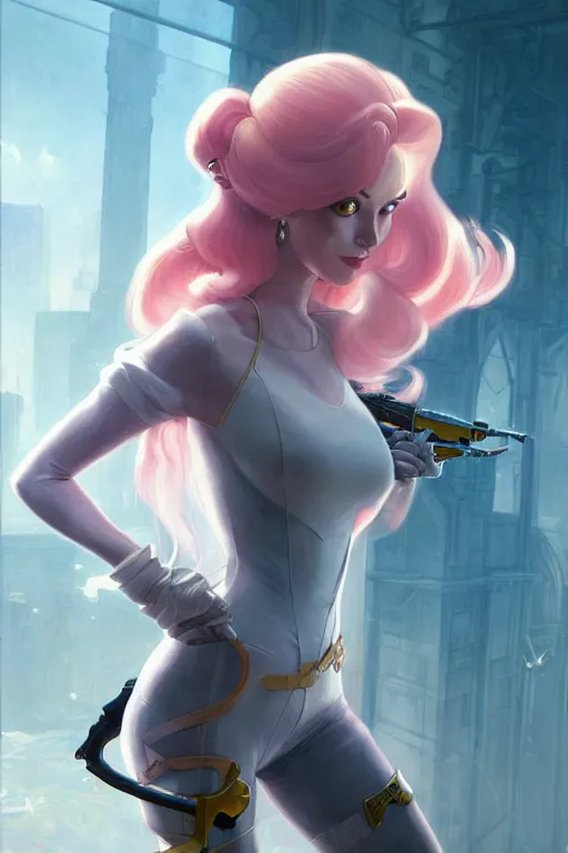 Image similar to gta princess peach as aeon flux profile picture by greg rutkowski, dynamic pose, intricate, futuristic, fantasy, elegant, by stanley artgerm lau, greg rutkowski, thomas kindkade, alphonse mucha, loish, norman rockwell, fantasy lut, asymmetric, long hair, retro computer graphics, video game, fluid lines,