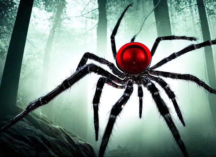 Prompt: white crystal clear spider with huge red eyes in a forest. highly detailed 8 k. intricate. lifelike. soft light. fantasy horror style. cinematic post - processing