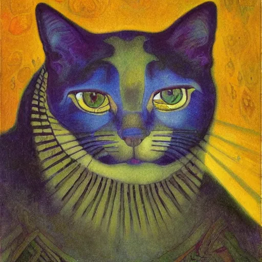 Image similar to painting of cloisonne cat head, by annie swynnerton and diego rivera and nicholas roerich and jean delville, symbolist, dramatic lighting, god rays, art brut, rich colors, smooth, sharp focus, extremely detailed, adolf wolfli and ( donato giancola and bilibin )