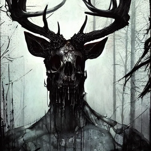 Prompt: leshen with deer skull deer antlers by emil melmoth zdzislaw belsinki craig mullins yoji shinkawa realistic render ominous detailed photo atmospheric by jeremy mann francis bacon and agnes cecile ink drips paint smears digital glitches glitchart