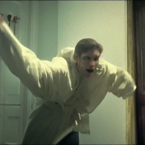 Image similar to Live Action Still of Jerma in The Exorcist, real life, hyperrealistic, ultra realistic, realistic, highly detailed, epic, HD quality, 8k resolution, body and headshot, film still