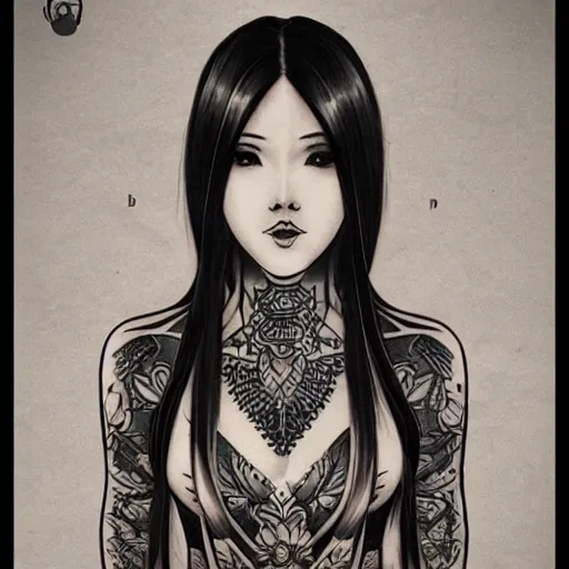 Image similar to tattoo design, stencil, beautiful young female, long dark hair, symmetrical facial features, Japanese, partially clothed in robe, by William-Adolphe Bouguerea and artgerm