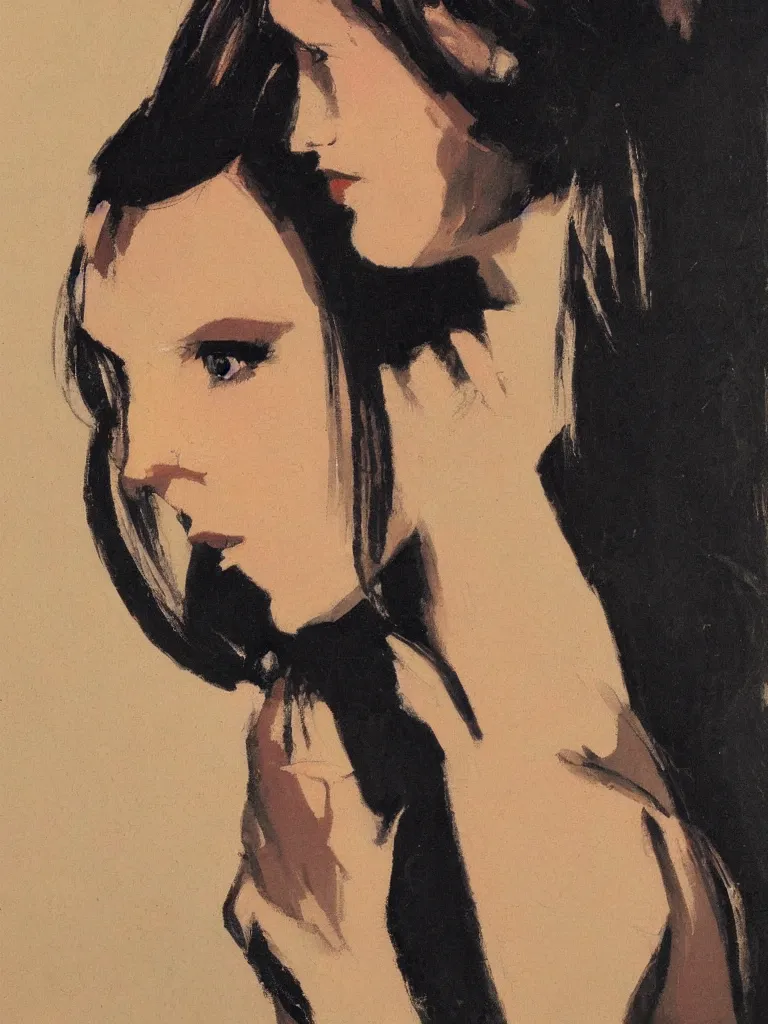 Image similar to portrait profile of one mysterious dark beautiful women in 1 9 7 8, oil painting by john watkiss