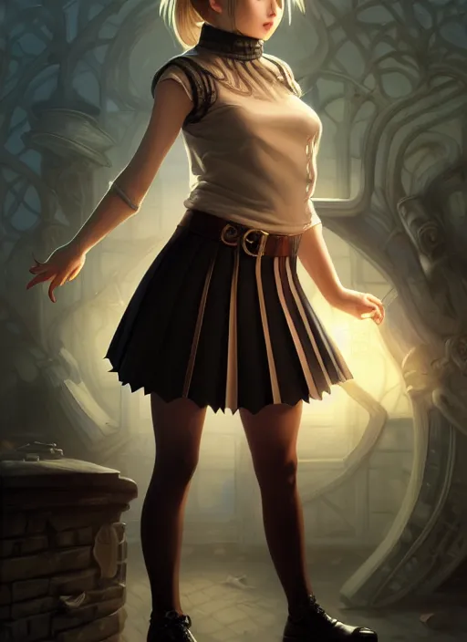 Image similar to portrait of a full body of beautiful young female detective, d & d, sleeveless turtleneck, pleated skirt, fantasy, flat lighting, intricate, highly detailed, digital painting, artstation, concept art, smooth, sharp focus, illustration, misa amane, art by simon bisley and greg rutkowski and alphonse mucha, natural tpose
