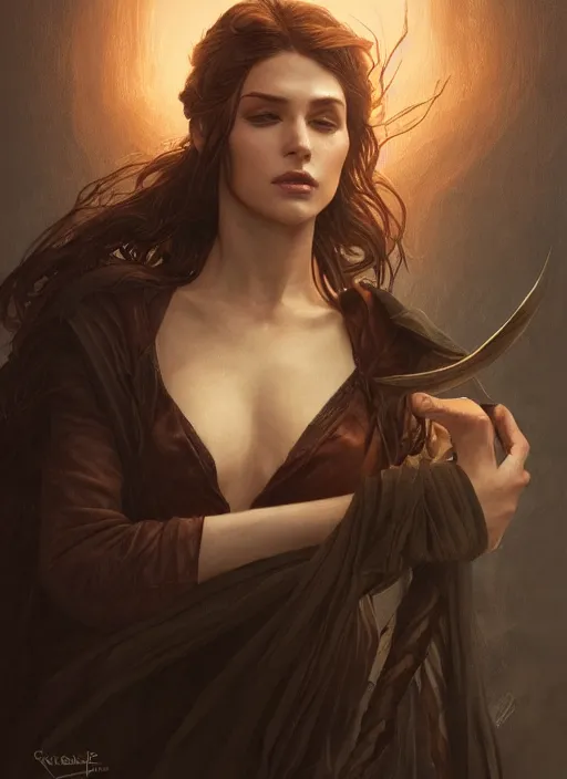 Image similar to realistic lighting, close up portrait of a ruggedly handsome female witch, soft hair, half body, leather, d & d, fantasy, intricate, elegant, highly detailed, digital painting, artstation, concept art, smooth, sharp focus, illustration, art by artgerm and greg rutkowski and alphonse mucha