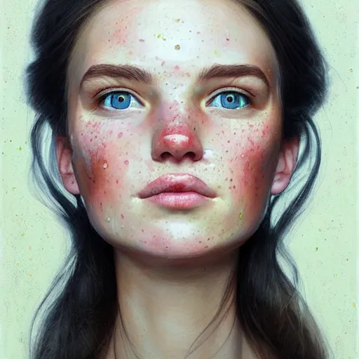 Image similar to Facial portrait of a pretty cottagecore girl, looking at the camera, slight awkward smile, lips slightly parted, very light freckles, no hands visible, extremely detailed painting by Greg Rutkowski and by Steve Henderson and by Harumi Hironaka