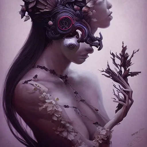 Prompt: fantasy portrait of a woman made of obsidian and smoke, carved Japanese Sakura wood organic overgrowth, holding nevermore, peter mohrbacher, artgerm, James Jean
