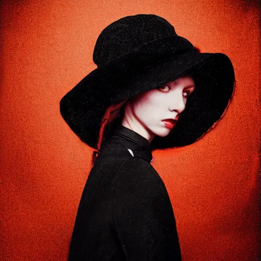 Image similar to half - length portrait of girl in a red hat and black dress, fine art portrait photography by paolo roversi, volumetric lighting, very detailed, high resolution,