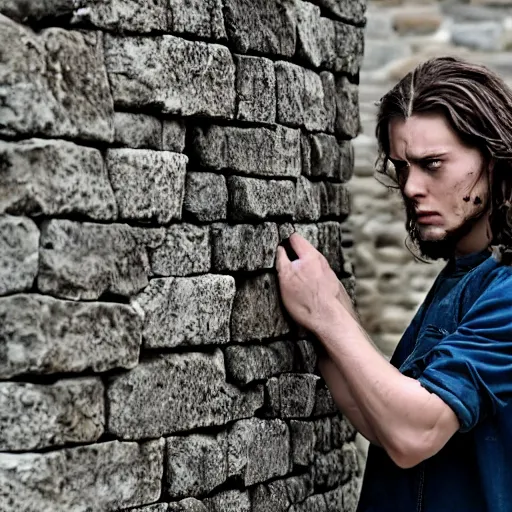 Prompt: Still of a modern movie set in the 1930s where a young man with long hair is backed against a stone wall looking utterly panicked and helpless