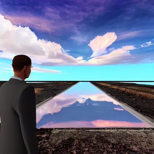 Image similar to sad businessman on empty island, beautiful sky, rendered in bryce3d, bryce, 3d