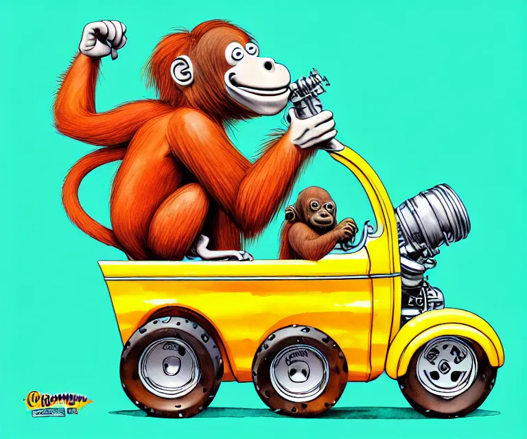 Image similar to cute and funny, orangutan wearing a helmet riding in a tiny hot rod with oversized engine | ratfink style by ed roth, centered award winning watercolor pen illustration, isometric illustration by chihiro iwasaki, edited by range murata, tiny details by artgerm, symmetrically isometrically centered