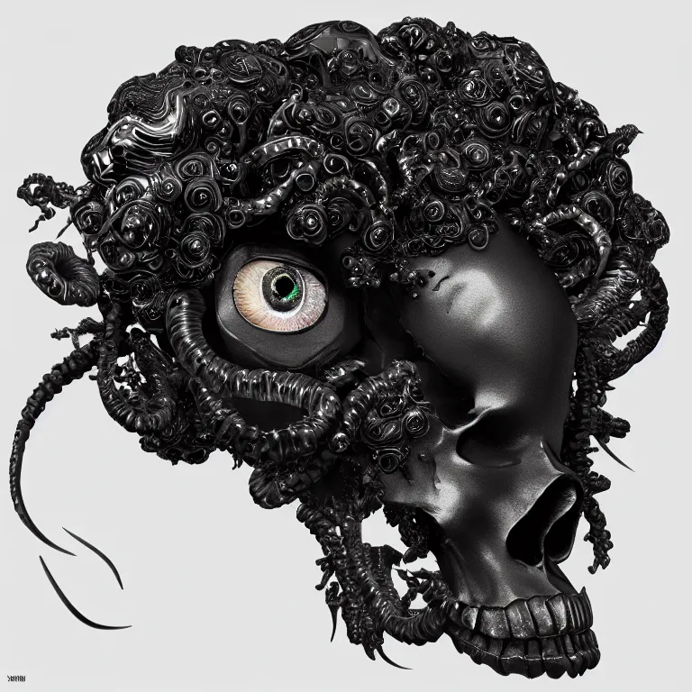 Image similar to black background. absolutely symmetrical sculpture. centered. goddess princess face close-up portrait ram skull. sculpture made of gold and black charcoal. jellyfish phoenix head, nautilus, orchid, skull, betta fish, bioluminiscent creatures, intricate artwork by Tooth Wu and wlop and beeple. octane render, trending on artstation, greg rutkowski very coherent symmetrical artwork. cinematic, hyper realism, high detail, octane render, 8k