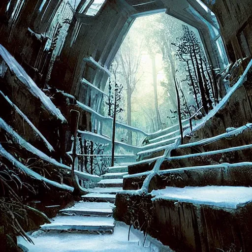 Image similar to stairs leading to a frozen derelict portal in a middle of a snowy lush futuristic forest, green lush world seen only through a portal, daylight, cinematic lighting, blue sky, syd mead, john harris