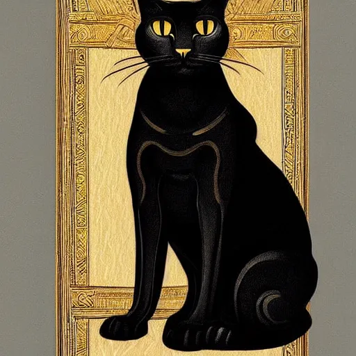 Prompt: beautiful, gorgeous art nouveau painting of a black egyptian cat, impressive, wonderful, very detailed, perfect anatomy, symmetrical, trending on artstation, masterpiece