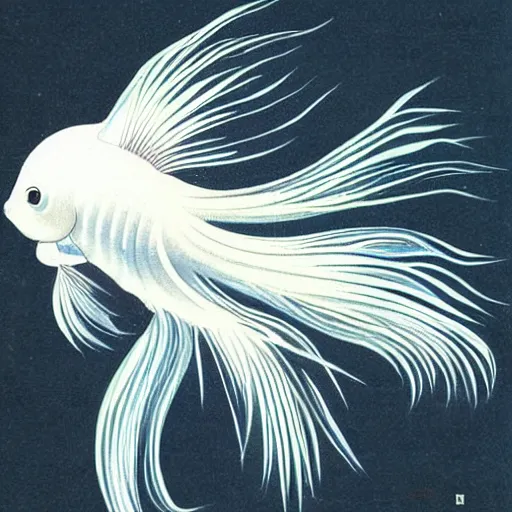 Prompt: a graceful iridescent white betta fish with long swirling fins, black-water-background, traditional Chinese illustration