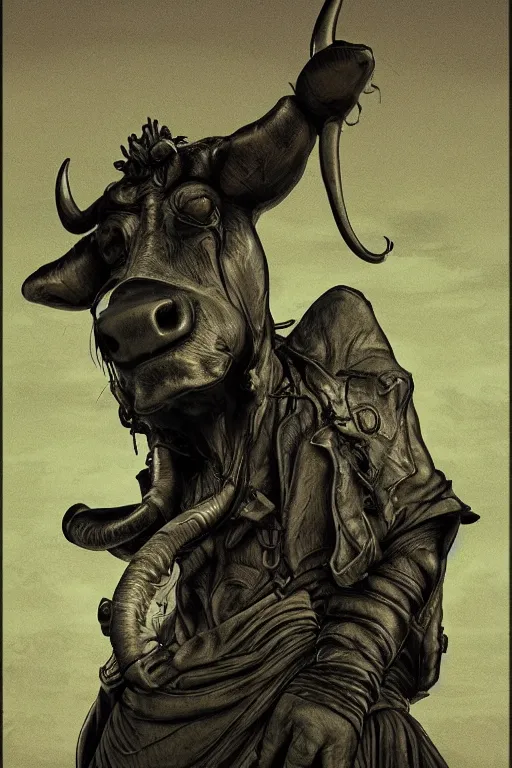 Prompt: cow defender, in the style of Greg Broadmore and Arthur Rackham,trending on artstation, light lighting side view,digital art,surrealism ,macro,blueprint ,vaporwave ,