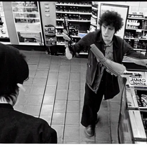 Prompt: bob dylan pointing a gun at a convenience store cashier, security camera footage