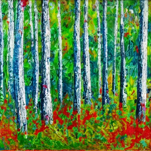 Image similar to paint splatter of a forest with green, blue, red tree trunks. acrylic of canvas, impressionist painting