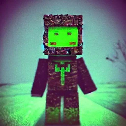 Prompt: macro photo of a realistic minecraft creeper, photorealistic, grim and gloomy lighting,, selfie!!!!!, spooky filter, 4 k, 8 k
