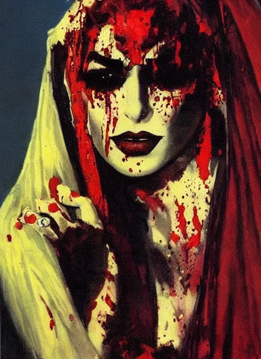 Image similar to portrait of svelt iranian vampiress, jeweled veil, strong line, saturated color, beautiful! coherent! by frank frazetta, high contrast, blood splatter background