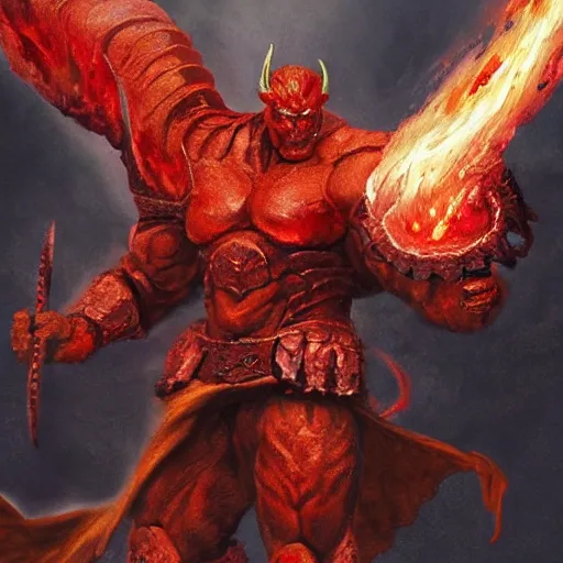 Image similar to surtur as khorne, artstation hall of fame gallery, editors choice, #1 digital painting of all time, most beautiful image ever created, emotionally evocative, greatest art ever made, lifetime achievement magnum opus masterpiece, the most amazing breathtaking image with the deepest message ever painted, a thing of beauty beyond imagination or words