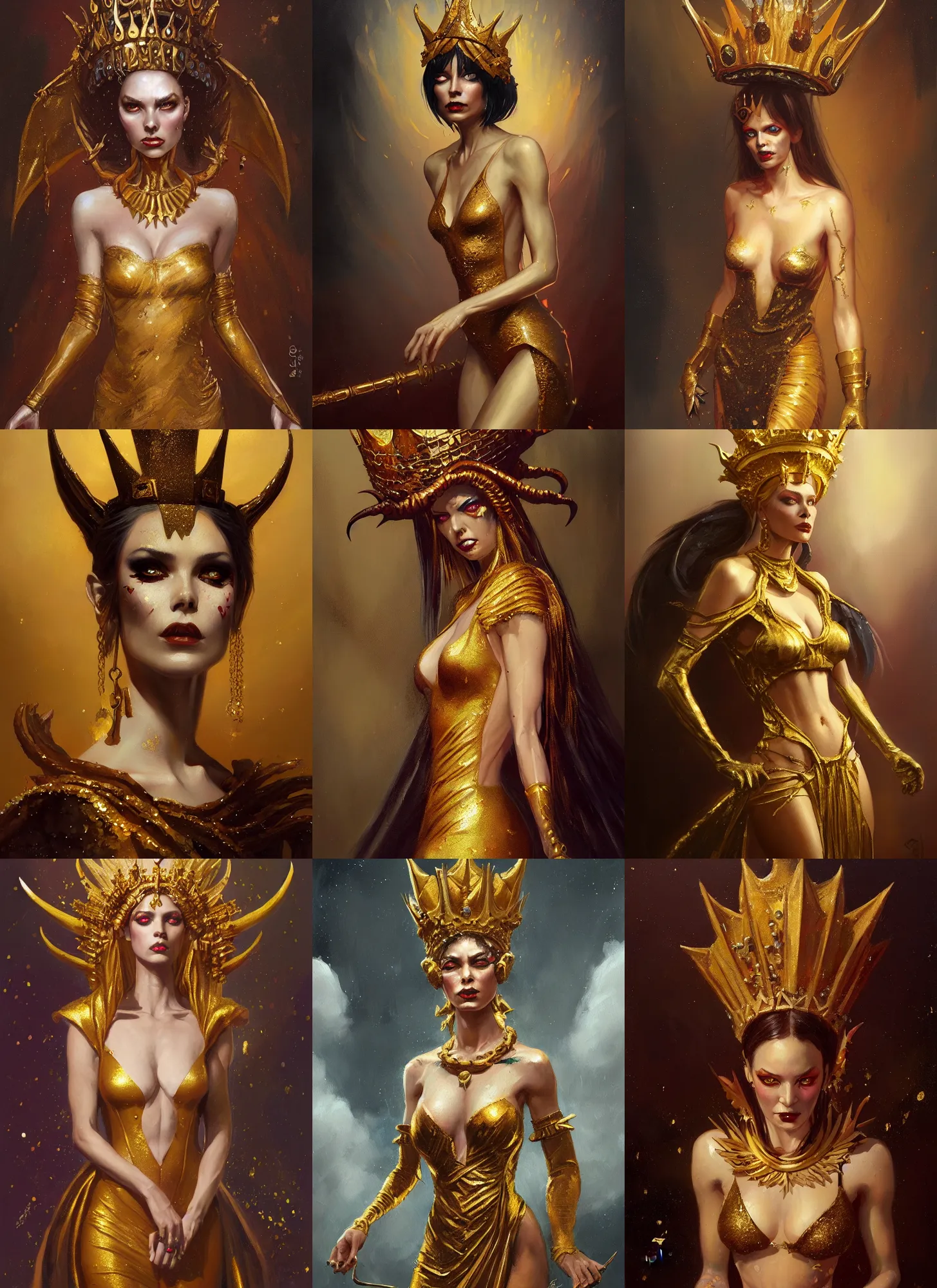 Prompt: a painting of a female demon with a gold crown, glitter dress, a character oil on canvas portrait by gerald brom and greg rutkowski, masterpiece, fantasy art, grotesque, artstation hq