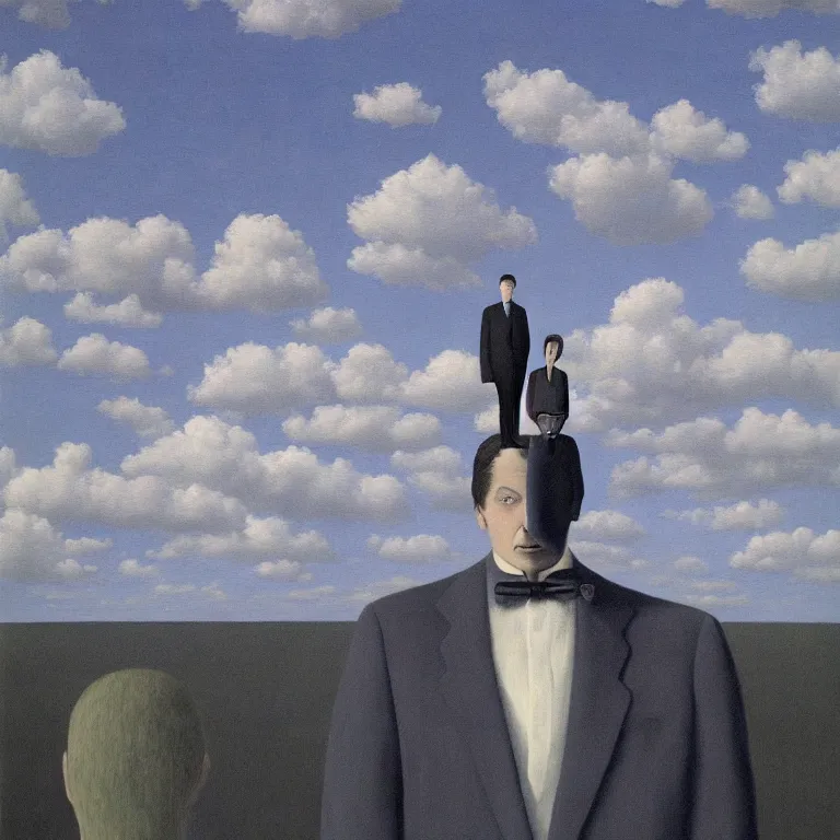 Image similar to portrait of a faceless shadow - head man with long messy fuzzy hair in a suit, clouds in the background, by rene magritte, detailed painting, distance, middle centered, hd, hq, high resolution, high detail, 4 k, 8 k