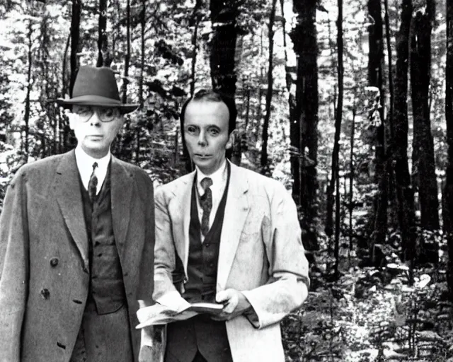 Image similar to edgar cayce and aldous huxley in a forest