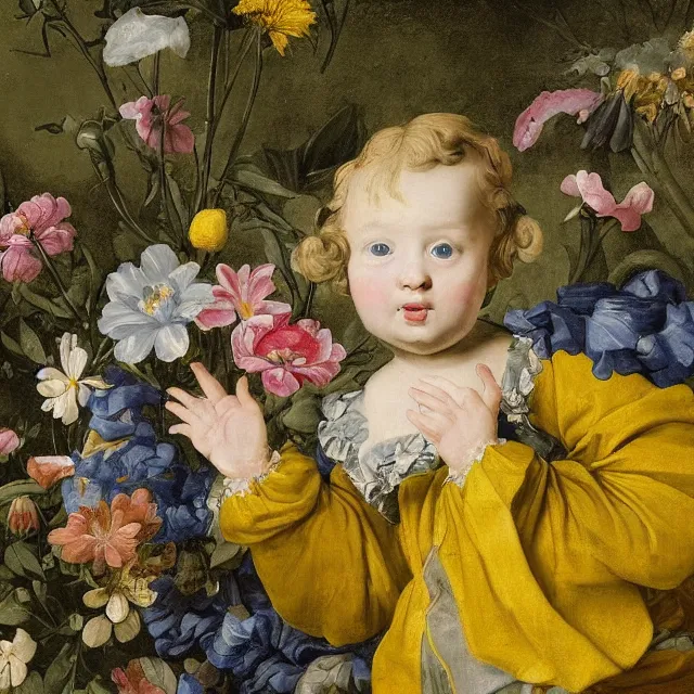 Image similar to a painting of flowers in a garden at night, blond baby with gray eyes with a blue scarf yellow t - shirt, a flemish baroque by jan van kessel the younger, intricate high detail masterpiece