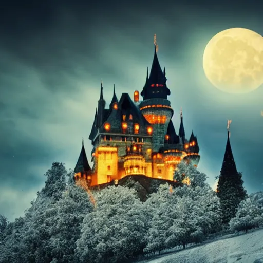 Prompt: fantasy castle on a hill, dark and gloomy night, bright moon shining through the clouds, in winter