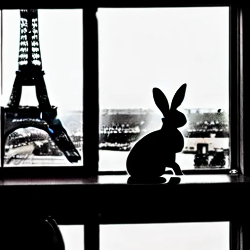 Prompt: a rabbit drinking milk in a cafe in Paris, the eiffel tower is visible through a window, it's night