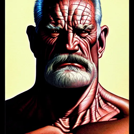 Prompt: cinematic portrait of Thunderbolt Ross, only head and chest, intricate, desaturated, Tim Hildebrandt, Wayne Barlowe, Bruce Pennington, donato giancola, larry elmore, maxfield parrish, Moebius, Thomas Ehretsmann, oil on canvas, gouache painting, masterpiece, trending on artstation, cinematic composition, dramatic pose, volumetric lighting, sharp, details, hyper-detailed, HD, 4K, 8K