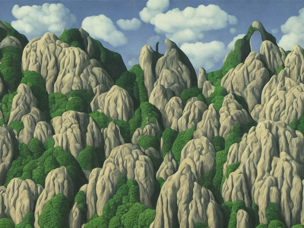 Prompt: A village carved into a mountain painted by René Magritte, surreal painting, highly detailed