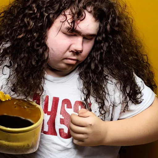 Image similar to flash photography of chubby 18 year old teenage boy with long curly brown hair puking. He is covered in soup. Disgusting horrible mess