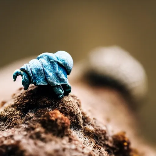 Prompt: a mini cowboy riding a tardigrade, macro lens photography