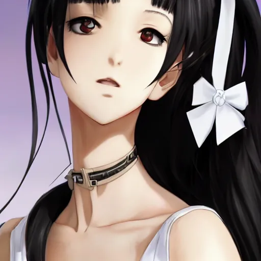 Image similar to luxury advertisement, astonishing portrait of a very beautiful anime high-school girl with black hair ponytail, white ribbon, full perfect face, realistic, highly detailed background, artstation, 120 degree view, drawn by Sasoura, Satchely and Akihiko Yoshida, no distortion