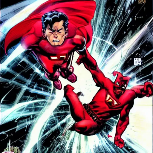 Image similar to daredevil punching superman, comic cover, marvel