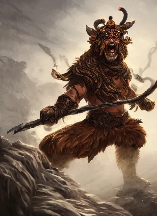 Prompt: a highly detailed illustration of a fierce tribal warrior wearing a tiger mane hat, heroically screaming into the sky pose, muscular, intricate, elegant, highly detailed, centered, digital painting, artstation, concept art, smooth, sharp focus, league of legends concept art, WLOP