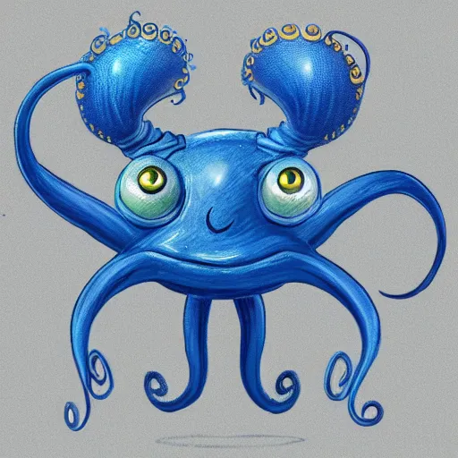 Image similar to character design of an adorable baby faced alien with tentacles on the sides of it's mouth, blue, tiny horns