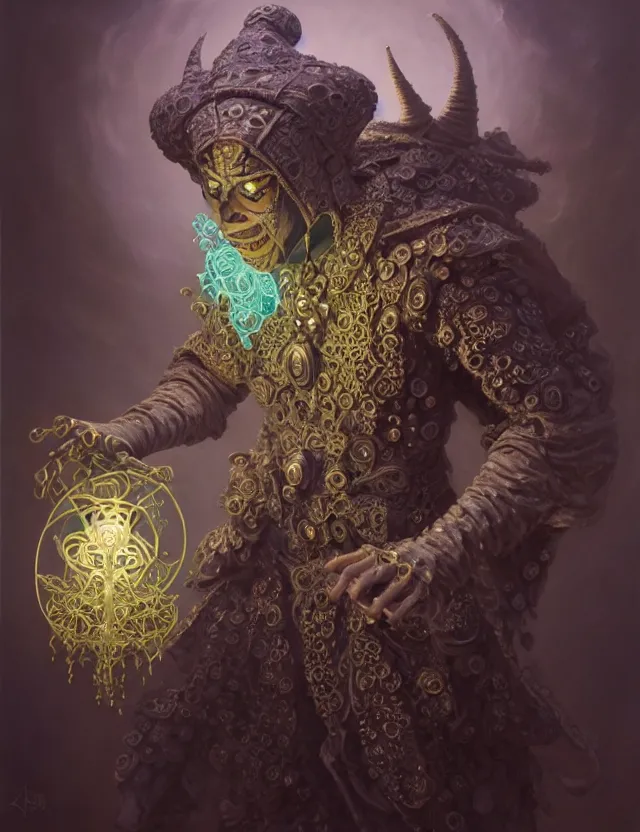 Image similar to front shot of a court jester character, hyperdimensional, bioluminescent hypercubes, ((intricate)), elegant, highly detailed, centered, (((artstation, concept art, smooth, sharp focus, artgerm, Tomasz Alen Kopera, Peter Mohrbacher, donato giancola, Joseph Christian Leyendecker, WLOP, Boris Vallejo))), mugshot!!!!!, ugly!!!!!!, octane render, nvidia raytracing demo, grainy, muted, 8K, digitalblasphemy