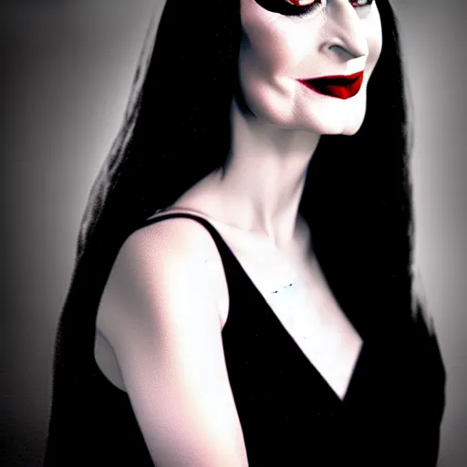 Image similar to dslr portrait photo of morticia addams, f 2. 8, iso 4 0 0,, 4 k, photorealistic, cinematic, masterpiece,