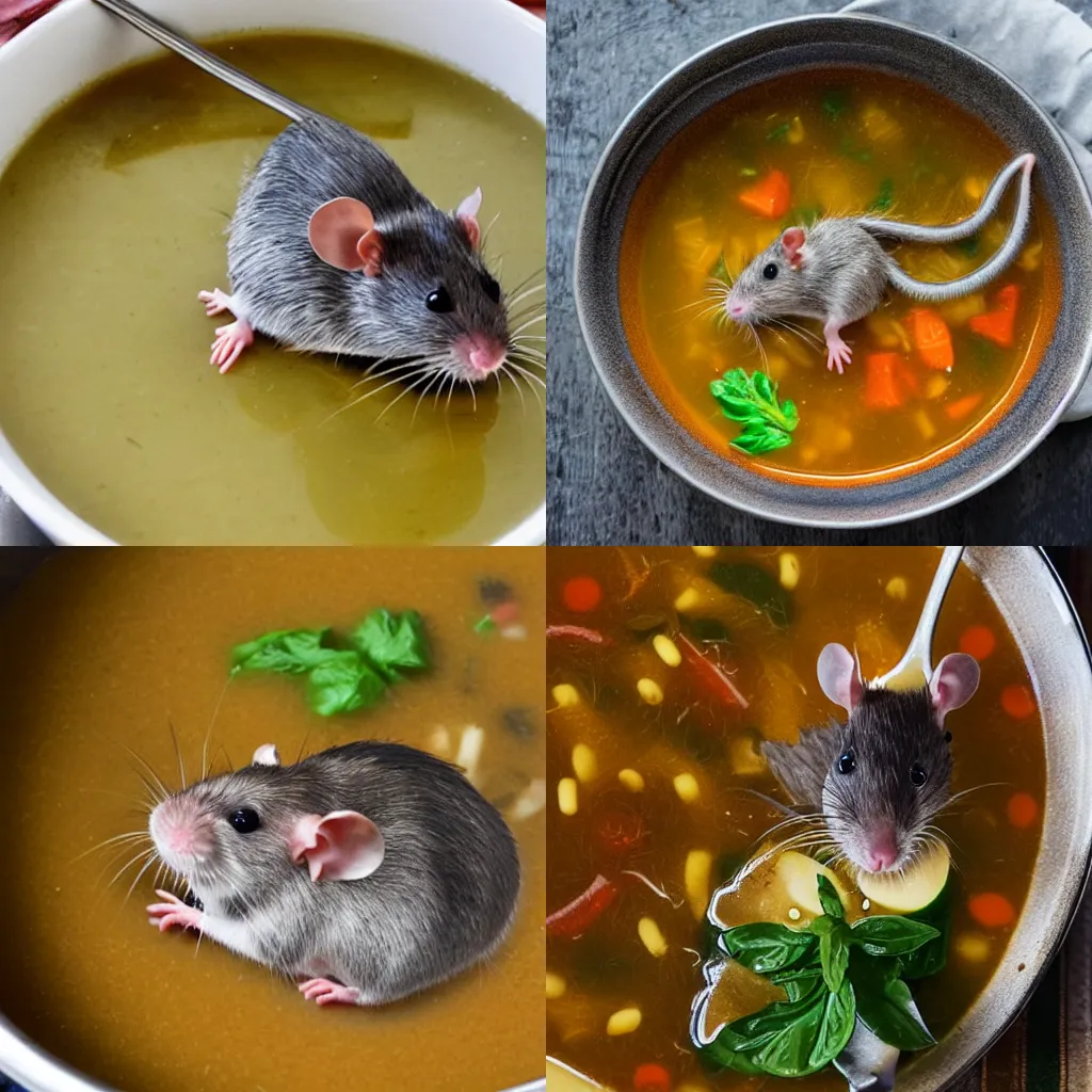 Prompt: a rat in soup doing backstrokes