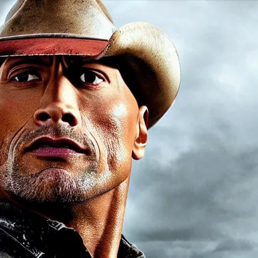 Image similar to film of Dwayne Johnson as cowboy