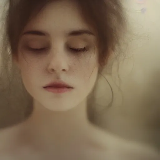 Image similar to photorealistic portrait of a beautiful young woman, very blurry, out of focus, translucent stone white skin, closed eyes, foggy, closeup