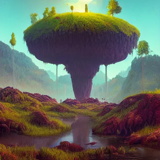 Image similar to digital artwork of a lush natural scene on an alien planet by simon stalenhag. extremely detailed. science fiction. interesting color scheme. beautiful landscape. weird vegetation. cliffs and water.