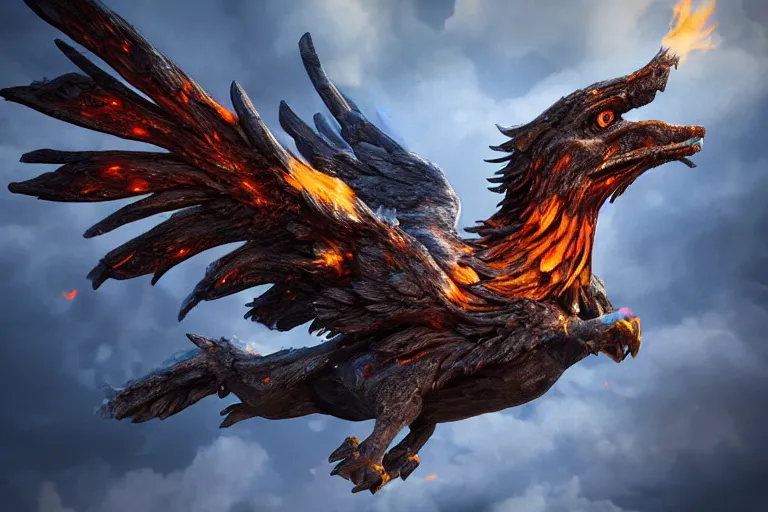 Prompt: a flying griffin in the sky, colorful eyes, glowing eyes, fire, frost, angry, demonic, detailed, realism, hyper-realistic, 8k, hd, detailed face, 3D render, octane render, wide shot,