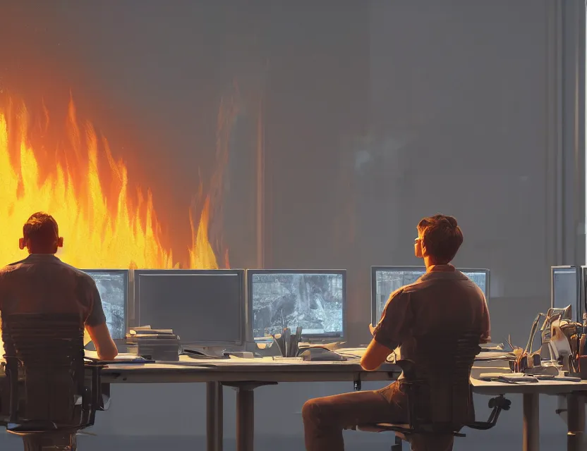 Image similar to a man sit at a workstation in a big office and looks at the burning fires, close up, featured in artstation, intricate, ultra detailed, unreal engine, concept art, wide - angle lens, sharp focus, illustration, 8 k