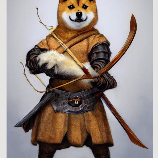 Image similar to anthropomorphic shiba inu, holding medieval bow and aiming directly to camera, medieval armor, dark aura, fantasy, dark graveyard scene, portrait art by donato giancola and greg rutkowski, realistic face, digital art, trending on artstation, symmetry